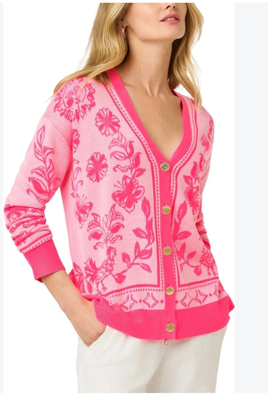 Lilly Pulitzer Maralisa Follow the Sun Jacquard Cardigan Sweater Pink XL